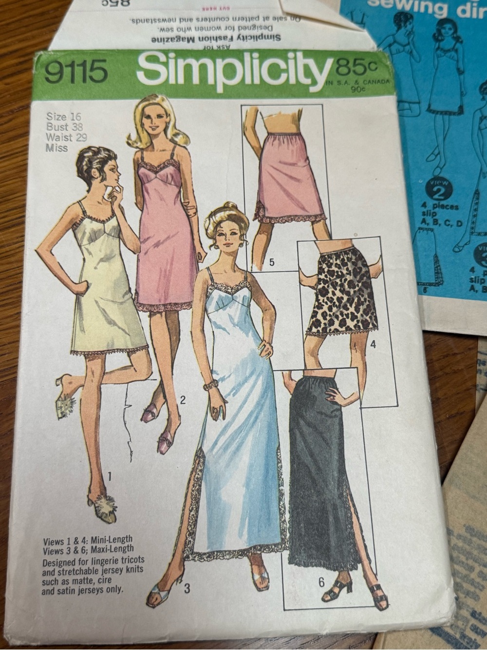 1970 Simplicity 9115 Women's Size 16 Bust 38 Slip & Half-Slip pattern Complete
